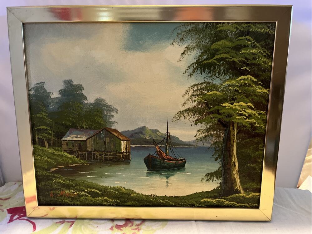 W. Morris Signed Framed Mid Century Landscape Oil Painting Boat Lake Cabin